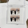 Handmade black and white gradient long trapezoid nails with crystal bow and gemstones - Dinner (Black White Gradient Bow)
