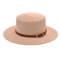 Close-up of pink woven straw flat top hat featuring a brown faux leather buckle strap - M (56-58cm) / Light Pink