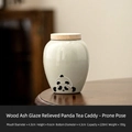 Miniature ceramic tea jar with straw ash glaze, wood lid and 3D panda relief pattern - Straw Ash Relief Panda - Papa 4