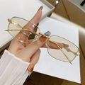 Vintage gold metal square frame sunglasses with a minimalist narrow rectangle design - Golden Frame / Gradient Light Brown Lens