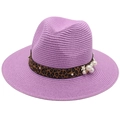Detail of purple woven Panama hat featuring leopard print band with pearls and white flowers - Taro Purple