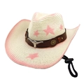 Detail of silver bull head buckle and pink star dye pattern on white woven cowboy hat - M(56-58cm) / Cream