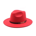 Red wool felt fedora with wide brim and decorative black band with gold chain buckle - M (56-58cm) / Red