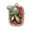 French vintage red enamel pendant with green olive branch and white pearls in gold frame - Red Square Double Pearl Flower Leaf-22110