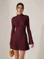 Retro wine red long sleeve knit pleated dress for women with a minimalist slim fit - Burgundy