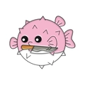 Cute cartoon pufferfish enamel pin holding a small knife in pink and white color - Pink Pufferfish with Knife (XZ7456)