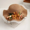 Women's wide brim straw sun hat with sunflower accent and lace trim for beach trips - L (58-60cm) / Khaki