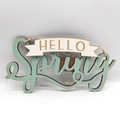 Wooden Easter sign featuring white Hello banner and green Spring cursive text with jute rope - Green Hello Spring Banner
