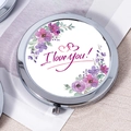 Portable chrome makeup mirror featuring purple flowers and 'I love you!' printed design - Purple Floral I Love You
