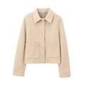 Cropped beige wool-like jacket with front buttons and pocket details in flat lay view - XS / Khaki