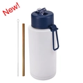 White 1L vacuum insulated stainless steel bottle with blue lid and straw set - 1 L / Pop-up Straw Lid / Indigo Blue + White