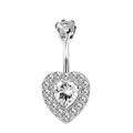 Silver heart belly button ring featuring clear cubic zirconia in a curved barbell design - Style 2