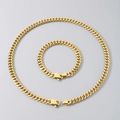Golden double-woven Cuban chain set with polished necklace and bracelet on grey background - Bracelet 21.5cm / Round Polished / 9mm / Gold