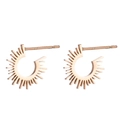 Detail shot of golden sunburst C-shaped stud earrings with polished gear-like patterns - Sunflower Rose Gold