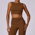 Chocolate brown two-piece yoga set featuring high-waisted leggings and sleeveless crop top - S / Birch Tea Brown