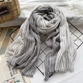 Artistic grey and white striped cotton linen scarf with fine tassel fringe details - Dark Grey Stripe