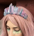 Iridescent pink and blue crystal crown headpiece worn by a model with pink hair - Pink Blue + Silver Wire Silver Headband