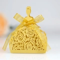 Golden princess style laser-cut wedding favor box with floral patterns and silk ribbon - Gold