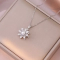 Elegant silver flower necklace with pearl and zircon pendant on a luxury gift box - X0613 Steel Flower Rotating