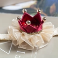 Dark red satin crown headband with beige organza ruffle lace for toddler girls - Burgundy & Beige Patchwork Headband With Box