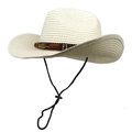 Vue détaillée du chapeau de cowboy en paille avec bande suédée et breloques plumes - Blanc Cassé