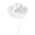 Detailed view of white cowboy hat featuring rhinestone crown and feather trim edge - White Feather with Silver Thread / Adult Size (58cm)