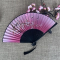 Pink and purple gradient folding fan with cherry blossom patterns and black tassel - No.14 Pink Purple Gradient Cherry Blossom