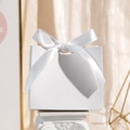 Elegant white wedding favor box featuring a large premium satin ribbon bow on a stone base - Small / Blank White (White Ribbon)