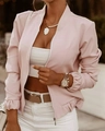 Chic pink zip-up baseball jacket for women styled with casual white trousers and gold chain - S / Pink