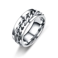 Macro detail of silver stainless steel ring with spinning Cuban link chain inlay - Size 6 / Steel
