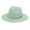 Light green straw fedora hat with black band and gold buckle for summer travel - M (56-58cm) / Mint Green