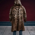 Brown Viking hooded cloak with Nordic Vegvisir rune print on the back for men - Zzy25081203