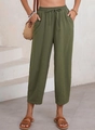 Détail du pantalon olive taille haute avec cordon de serrage et poches latérales - S / Vert Militaire
