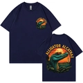 Navy blue crew neck t-shirt featuring creative alligator sunset graphic print - S / Navy Blue