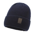 Bonnet en maille côtelée bleu marine pour homme avec doublure polaire et écusson en cuir - Taille unique / Bleu marine