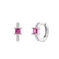 Macro detail of S925 silver hoop earring with square pink zircon and small white crystals - Silver/Pink Zirconia