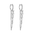 Detail of silver long tassel earrings featuring step-cut clear zircons and pavé hoops - Platinum White Zirconia