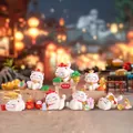 Set of seven cute lucky cat figurines in white resin with traditional gold ingots - -263 Lucky Cat Box With Abundant Wealth 6 / Full Box Set