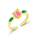 Adjustable gold ring featuring a pink tulip gemstone with green leaf-shaped accents - Ring-Pink/Red