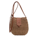 Brown paper rope woven saddle bag with leather strap for summer beach beachwear - Brown