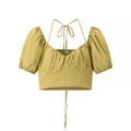 Yellow puff sleeve cropped top for women featuring back tie and smocked hem design - S / Light Green