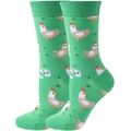 Detail showing high-quality green mid-calf socks with funny cartoon hen and grass patterns - Green Chick