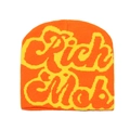Close-up of orange knit beanie featuring yellow Rich Mob embroidery in street style - M (56-58cm) / Orange
