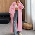 Eleganter langer rosa Plüsch-Strickmantel für Damen aus weichem Fleece-Faux-Fur - S / Rosa