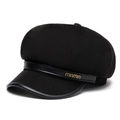 Chic black newsboy cap in twill and leather with a golden metal logo detail - Adjustable / Black