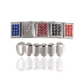 Hip hop zilveren grillz set met kleurrijke strass steentjes op witte achtergrond - Kleurrijk