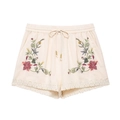 Women's cream knit shorts with floral embroidery, drawstring waist, and lace hem detail - XS / Shorts