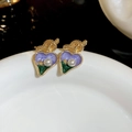 Vintage heart-shaped gold studs with purple and green enamel and pearl accents - Silver Earring Post Knotted Heart Enamel Pearl Stud Earrings