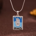 Vintage silver tarot pendant necklace with blue enamel Hamsa hand and snake chain - Silver (X6065SY)