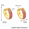 Detail of 18k gold plated stainless steel hoop earrings with colorful zircon inlay - Pink Zirconia (F931-2) / Large